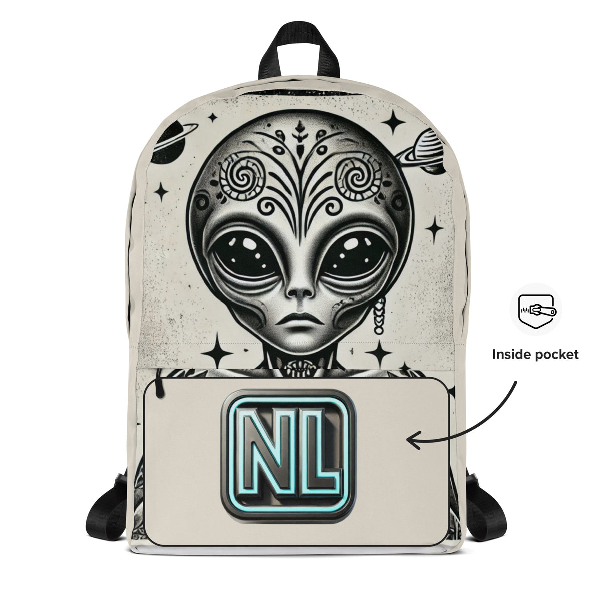 The Grey Backpack — front pocket artwork detail