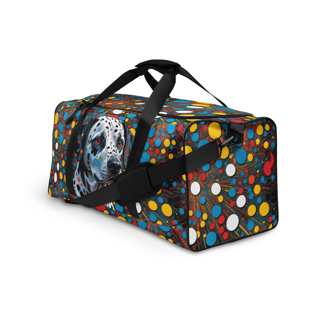Dalmatian Dots Duffle Bag — front-left angled view