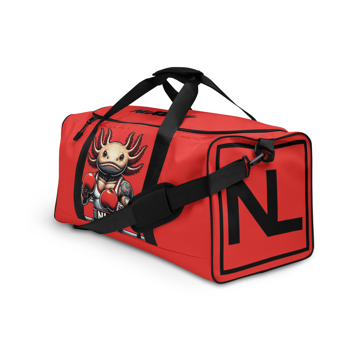 Boxer Axolotl Red Duffle Bag — front-left angled view