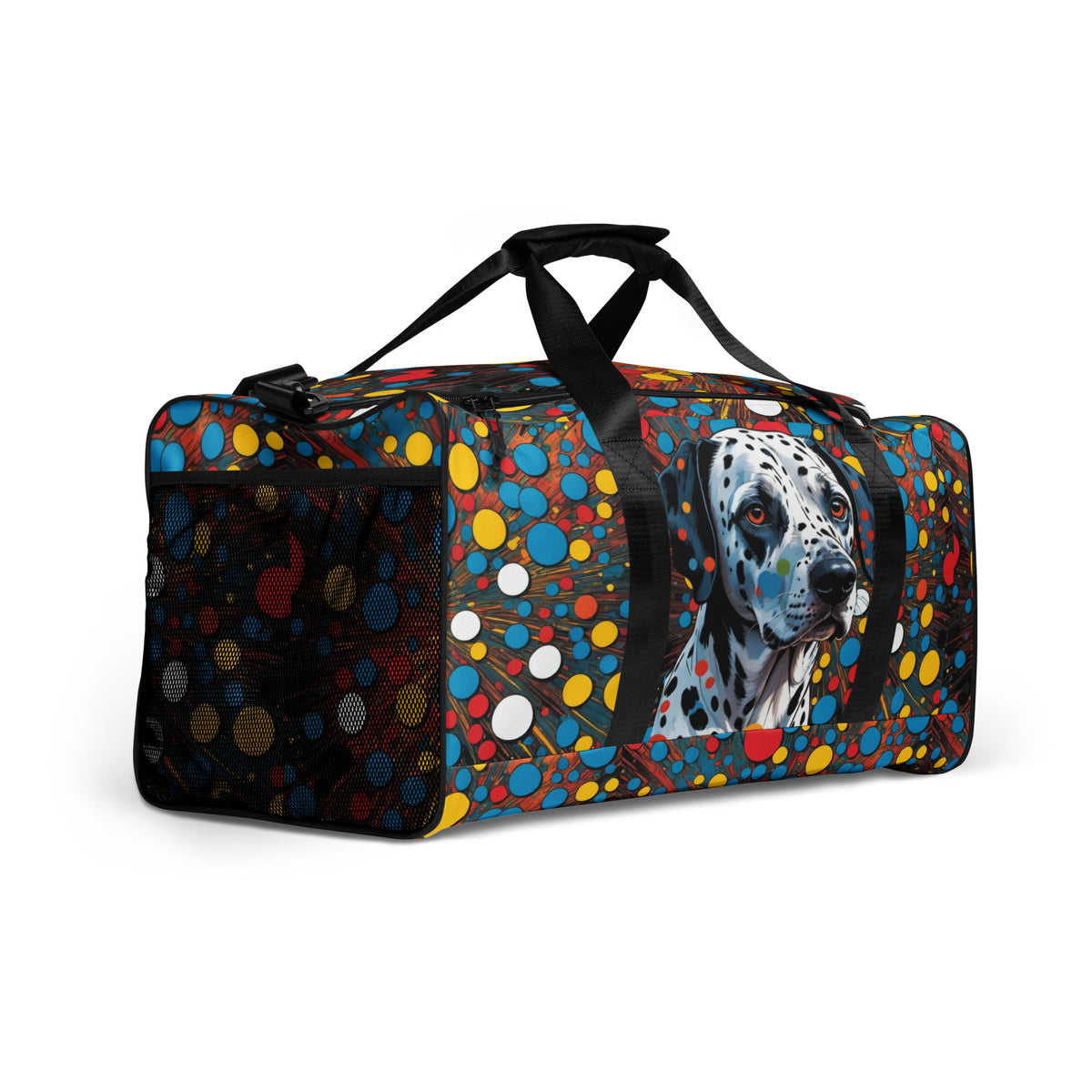 Dalmatian Dots Duffle Bag — front-right angled view