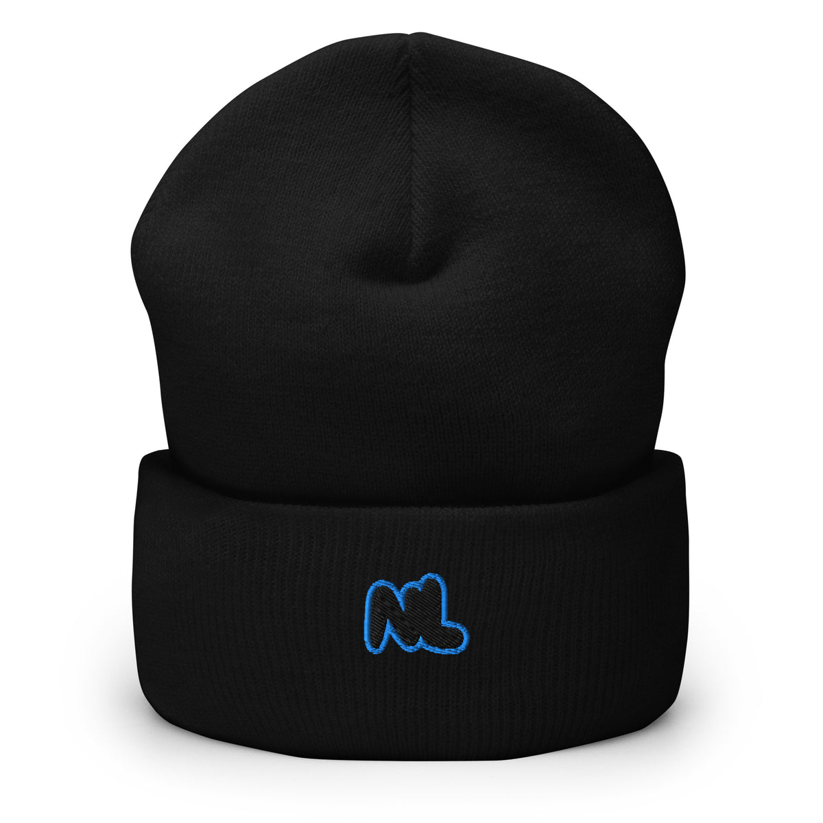 NL Blue Cuffed Beanie in Black — front view
