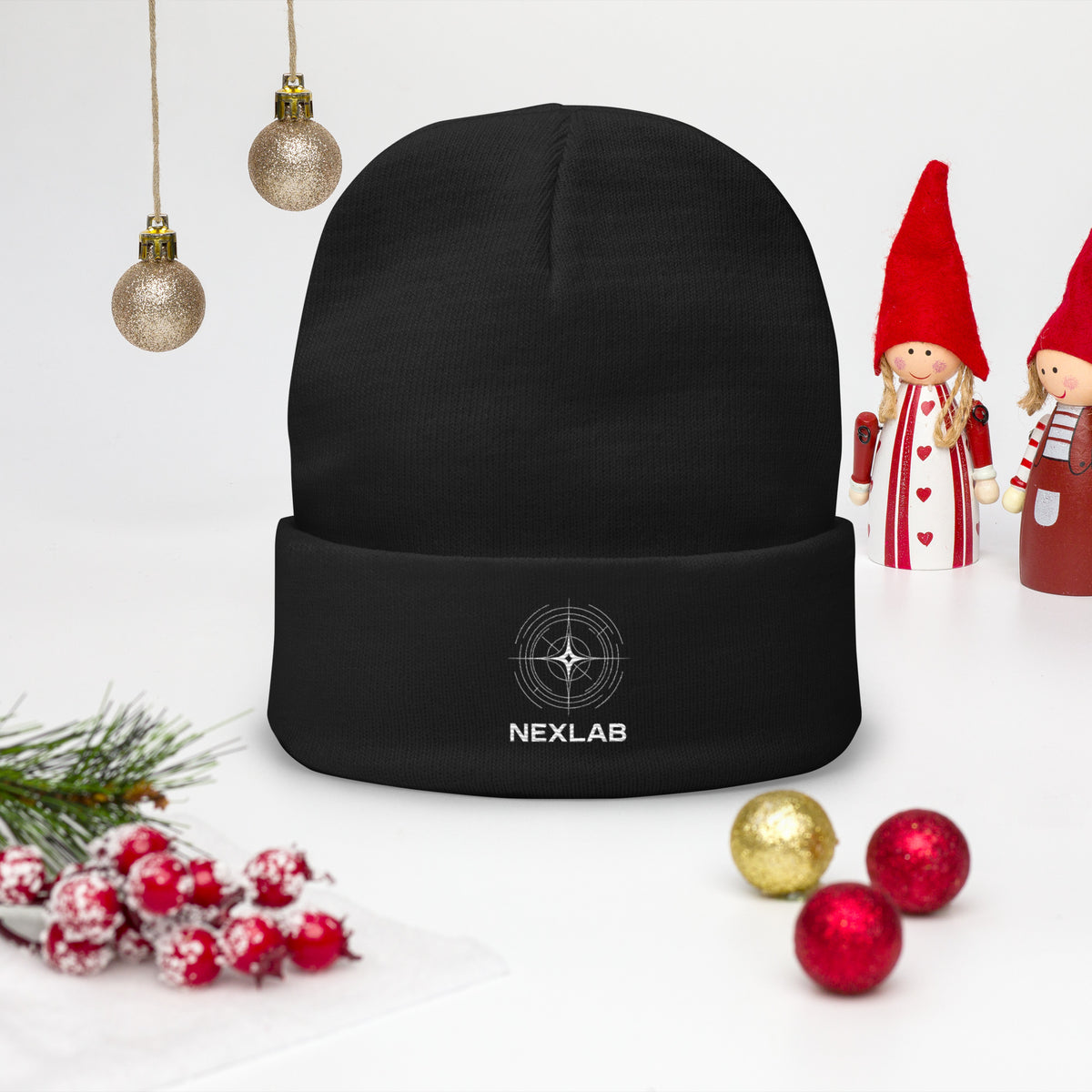 Navigation Beanie in Black — front view in holiday setting
