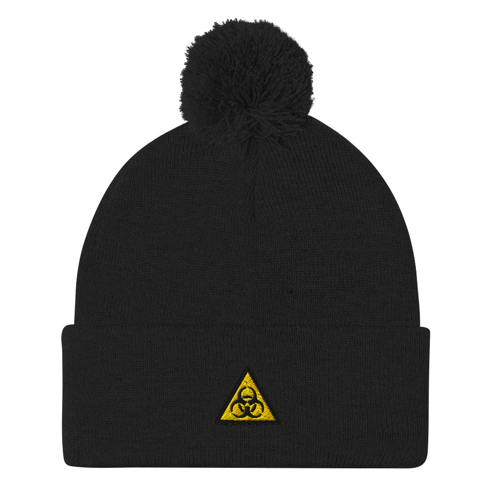 Toxic Biohazard Pom-Pom Beanie in Black — front view
