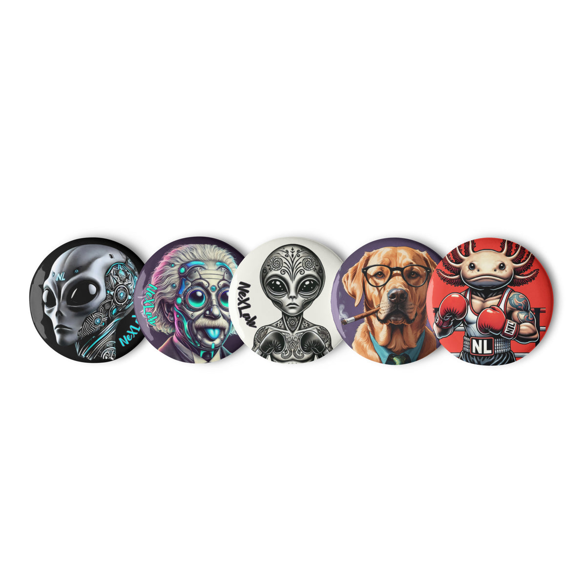 Character Pin Button Set — five badges arranged in a row