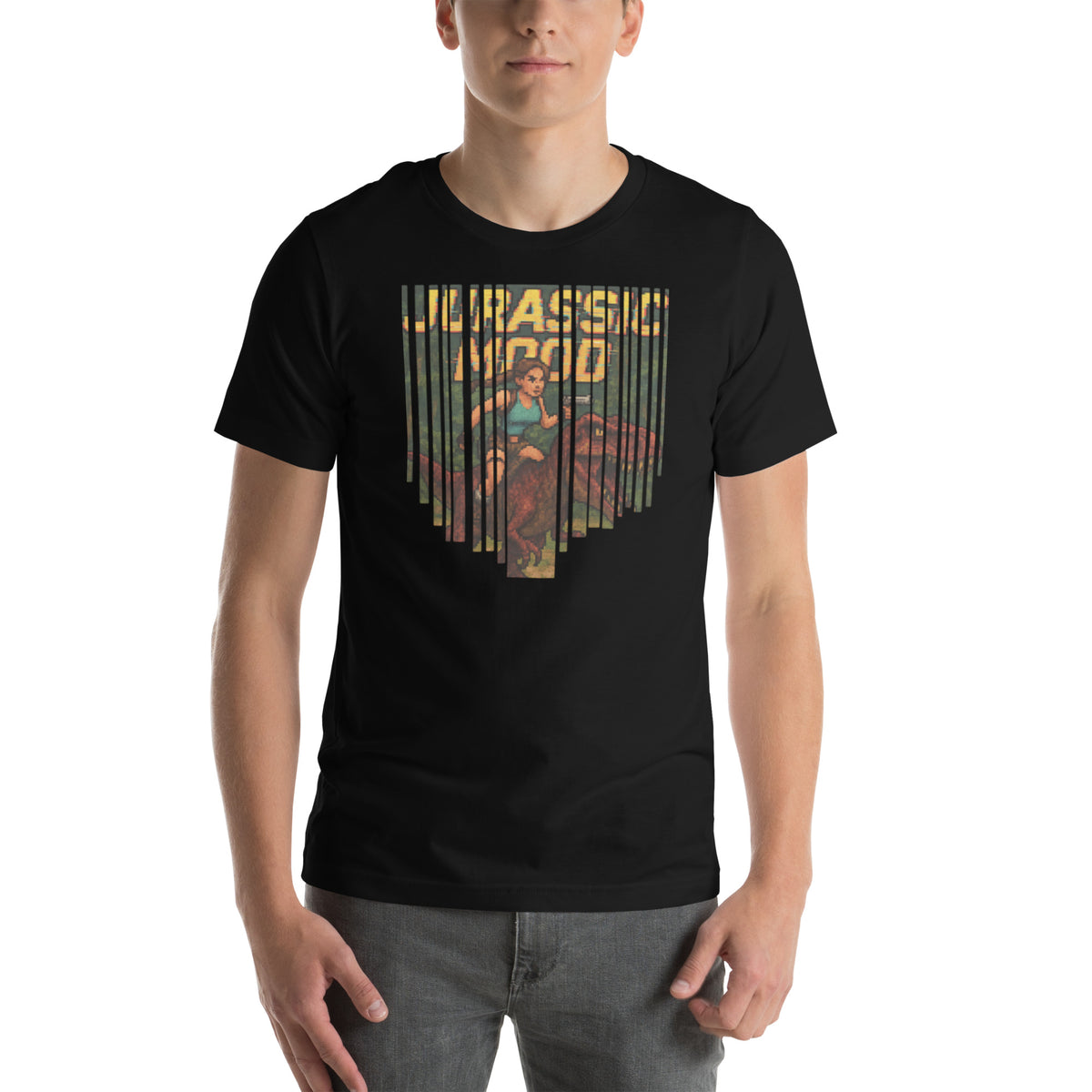 Jurassic Mood by Vex'Ruu T-Shirt in Black — front view on a model
