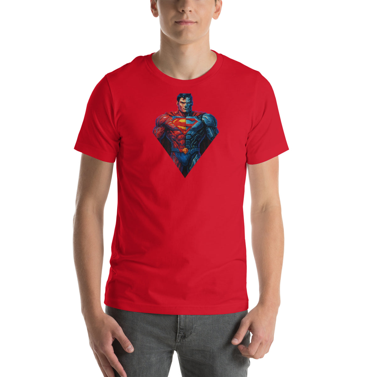 Alien Superman by J'Quen T-Shirt in Red — front view on a model