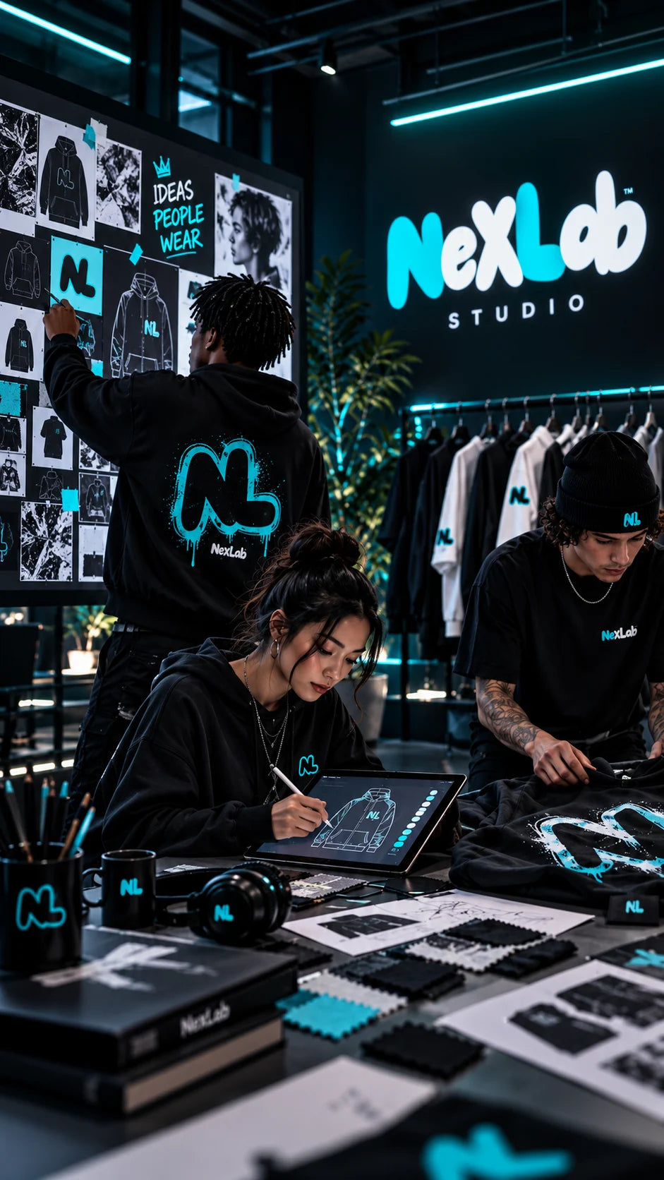 The NEXLAB creative team exploring graphics, fabrics and streetwear