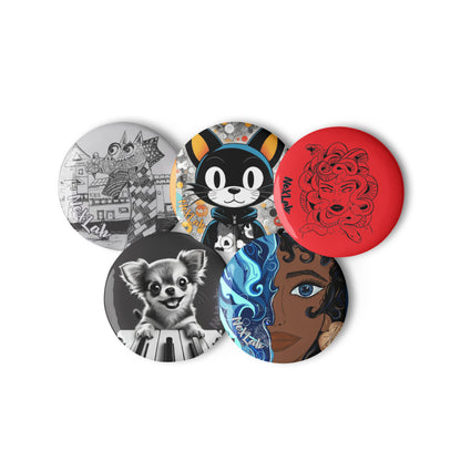 Graphic Pin Button Set — five badges arranged as a group