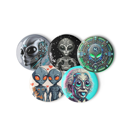 Alien Pin Button Set — five badges arranged as a group