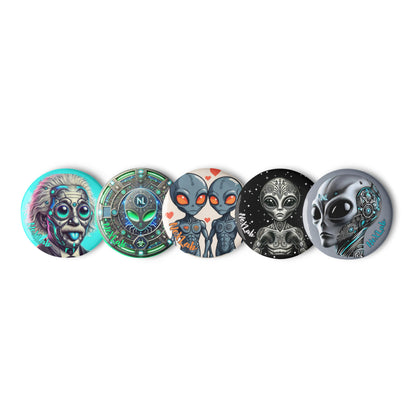 Alien Pin Button Set — five badges arranged in a row