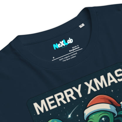 XMAS Organic Cotton T-Shirt in French Navy — collar and chest graphic close-up